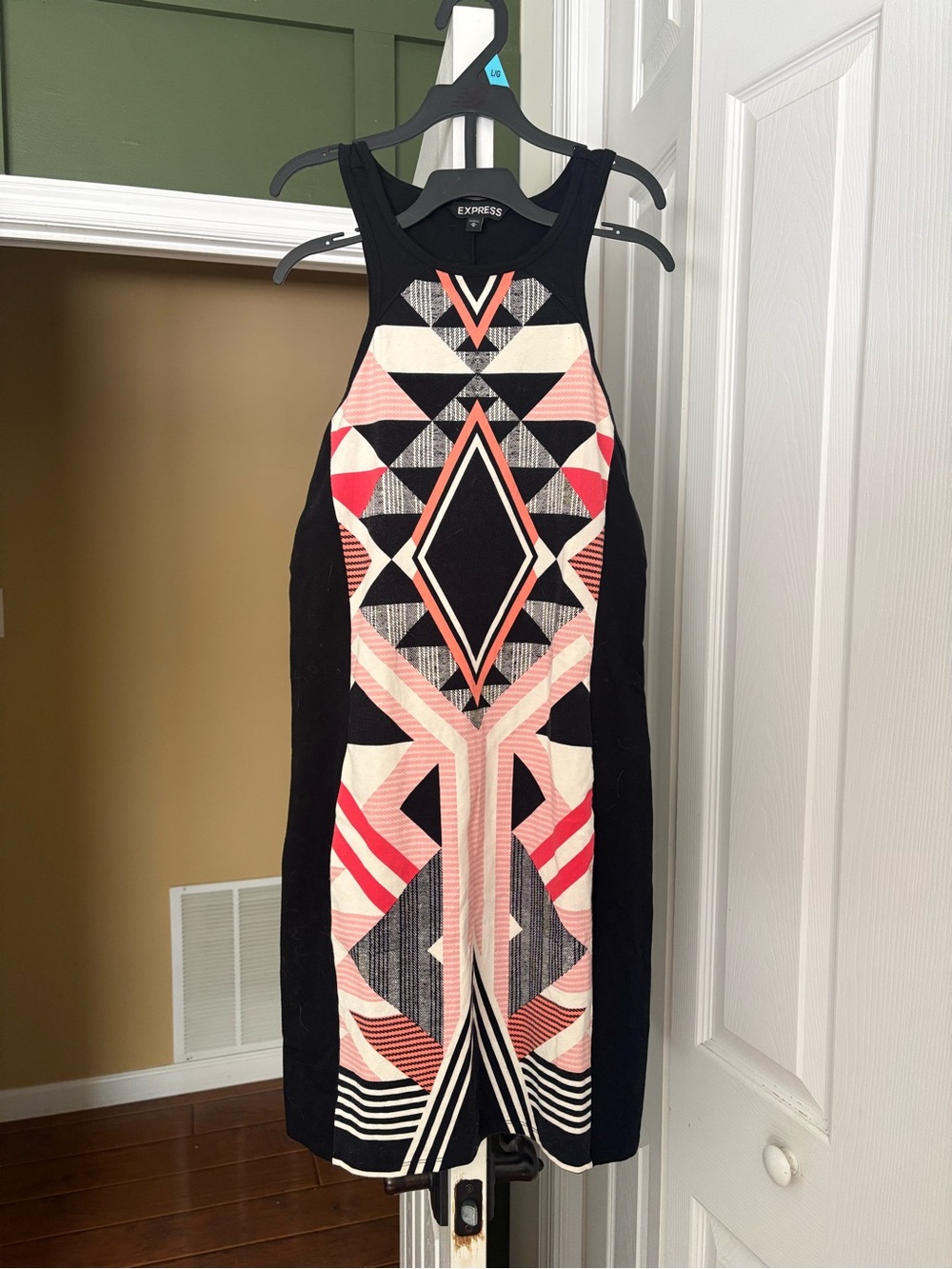Express Black Dress with Pink, Coral and Cream Geometric Front